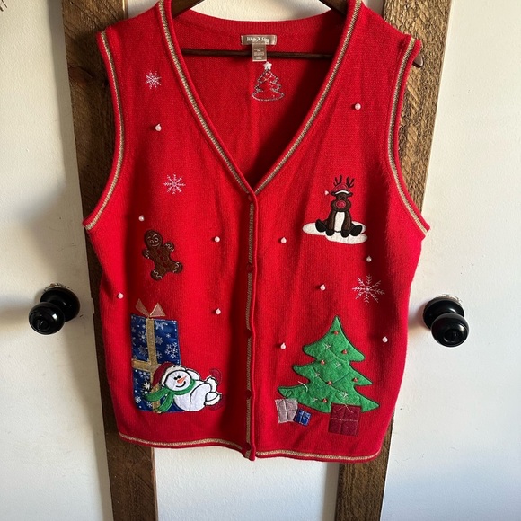 VTG White Stag Festive Whimsical Christmas Sweater Vest Trees Snowman Women’s - Picture 12 of 13